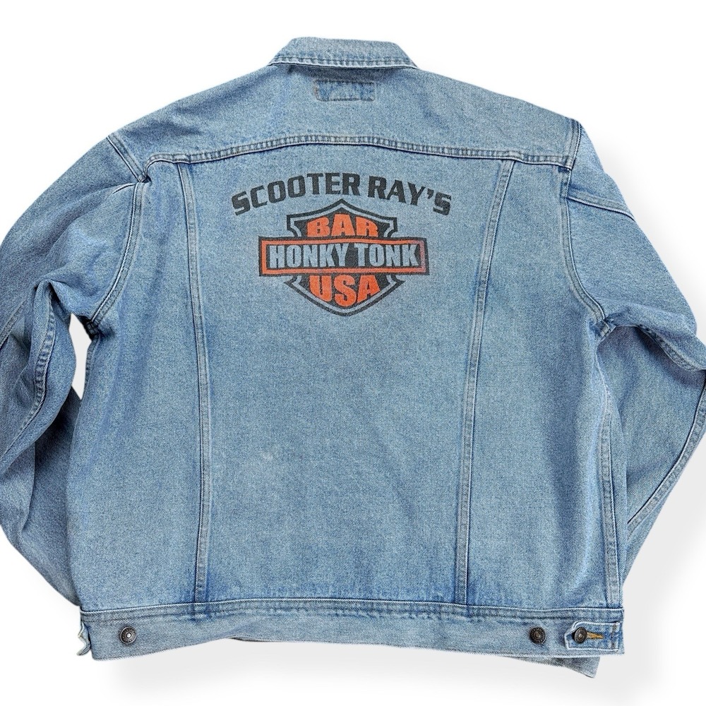 VTG Lee Men's Denim Jean Trucker Jacket‎ 7175CS Stone Wash Size XL Graphic Print